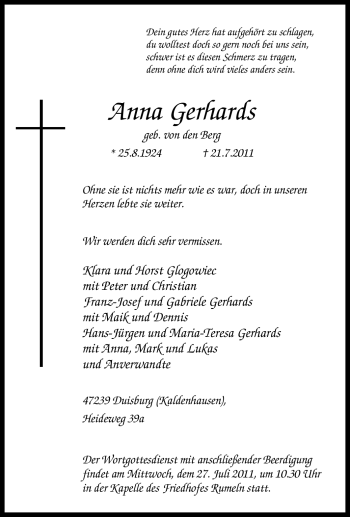 Traueranzeige von Anna Gerhards von Tageszeitung