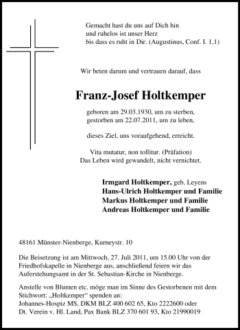 Traueranzeige von Franz-Josef Holtkemper von Tageszeitung