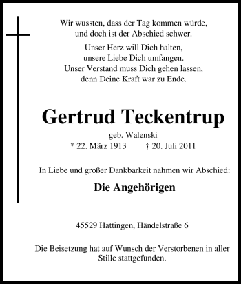 Traueranzeige von Gertrud Teckentrup von Tageszeitung