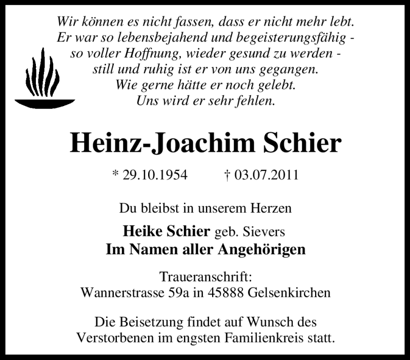  Traueranzeige für Heinz-Joachim Schier vom 12.07.2011 aus Tageszeitung