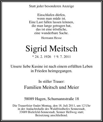 Traueranzeige von Sigrid Meitsch von Tageszeitung