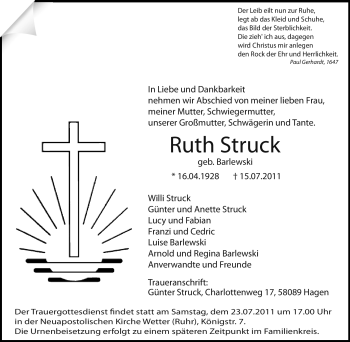 Traueranzeige von Ruth Struck von Tageszeitung