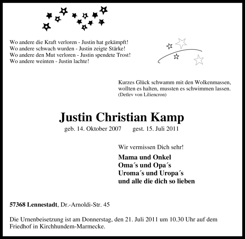  Traueranzeige für Justin Christian Kamp vom 18.07.2011 aus Tageszeitung