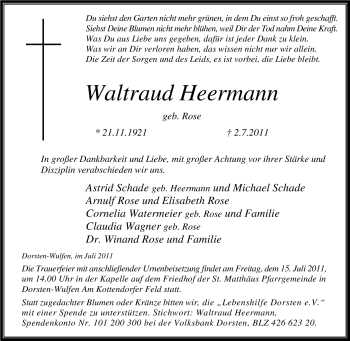 Traueranzeige von Waltraud Heermann von Tageszeitung