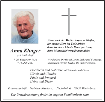 Traueranzeige von Anna Klinger von Tageszeitung