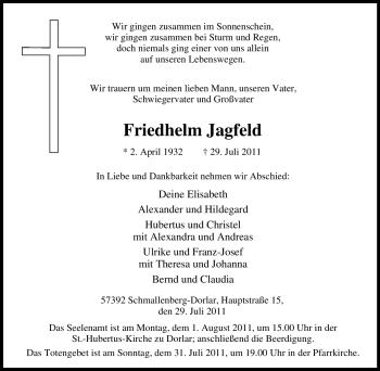 Traueranzeige von Friedhelm Jagfeld von Tageszeitung