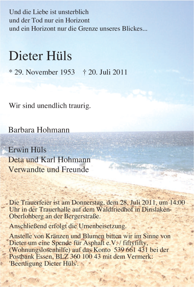  Traueranzeige für Dieter Hüls vom 25.07.2011 aus Tageszeitung