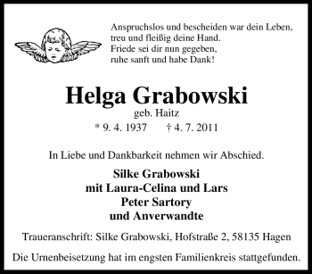 Traueranzeige von Helga Grabowski von Tageszeitung