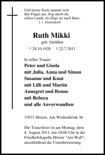 Traueranzeige von Ruth Mikki von Tageszeitung