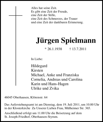 Traueranzeigen von Jürgen Spielmann TrauerinNRW.de