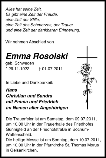 Traueranzeige von Emma Rosolski von Tageszeitung