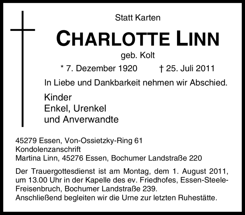  Traueranzeige für Charlott Linn vom 27.07.2011 aus Tageszeitung