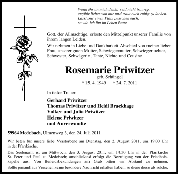 Traueranzeige von Rosemarie Priwitzer von Tageszeitung