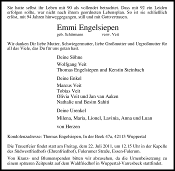 Traueranzeige von Emmi Engelsiepen von Tageszeitung