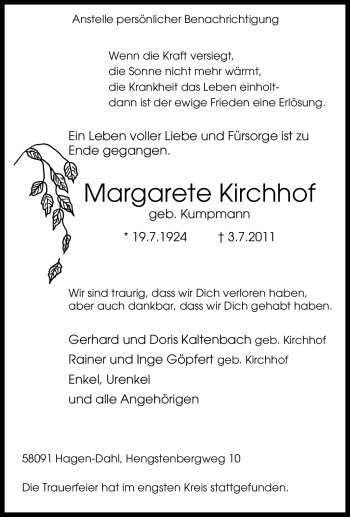 Traueranzeige von Margarete Kirchhof von Tageszeitung