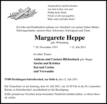 Traueranzeige von Margarete Heppe von Tageszeitung