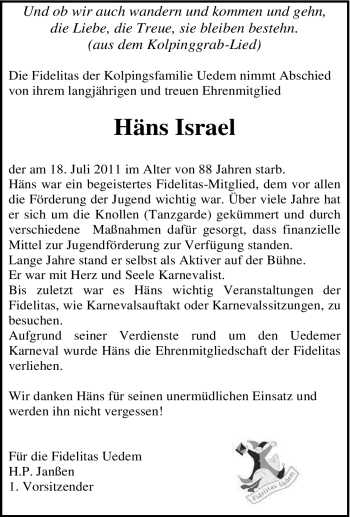 Traueranzeige von Häns Israel von Tageszeitung