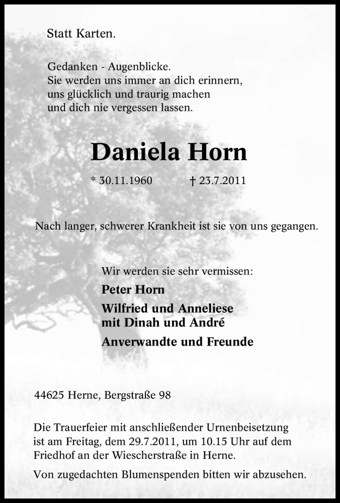  Traueranzeige für Daniela Horn vom 26.07.2011 aus Tageszeitung