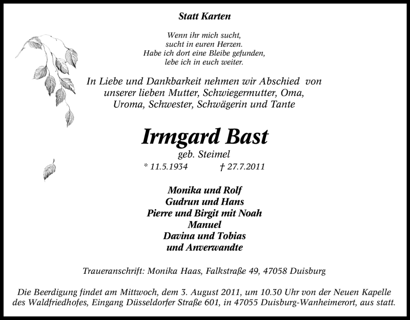  Traueranzeige für Irmgard Bast vom 30.07.2011 aus Tageszeitung