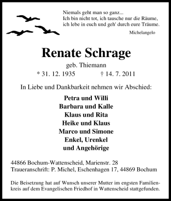 Traueranzeige von Renate Schrage von Tageszeitung