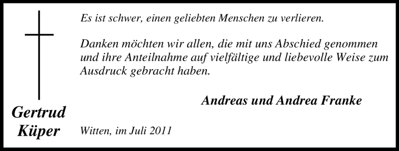  Traueranzeige für Gertrud Küper vom 26.07.2011 aus Tageszeitung