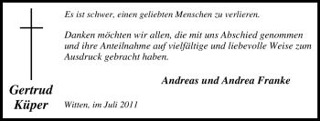 Traueranzeige von Gertrud Küper von Tageszeitung