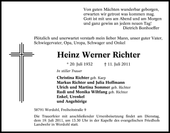 Traueranzeige von Heinz Werner Richter von Tageszeitung