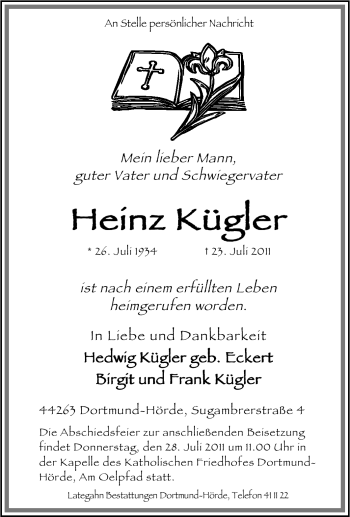 Traueranzeige von Heinz Kügler von Tageszeitung