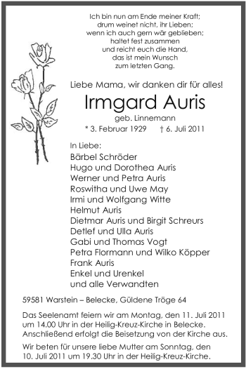 Traueranzeige von Irmgard Auris von Tageszeitung