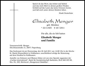 Traueranzeige von Elisabeth Menger von Tageszeitung
