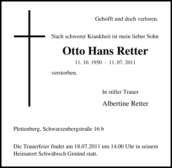 Traueranzeige von Otto Hans Retter von Tageszeitung