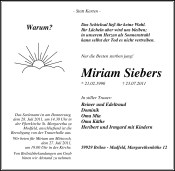 Traueranzeige von Miriam Siebers von Tageszeitung