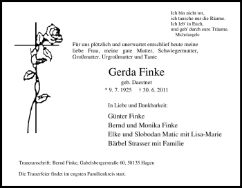 Traueranzeige von Gerda Finke von Tageszeitung