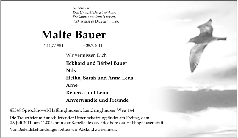  Traueranzeige für Malte Bauer vom 27.07.2011 aus Tageszeitung