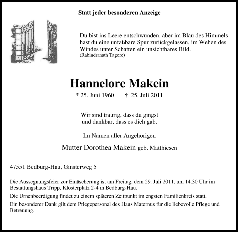  Traueranzeige für Hannelore Makein vom 27.07.2011 aus Tageszeitung