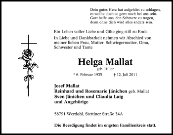 Traueranzeige von Helga Mallat von Tageszeitung