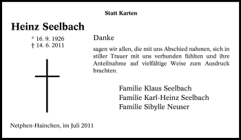 Traueranzeige von Heinz Seelbach von Tageszeitung