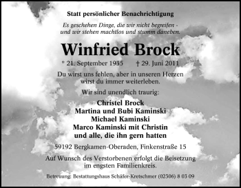 Traueranzeige von Winfried Brock von Tageszeitung