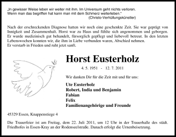 Traueranzeige von Horst Eusterholz von Tageszeitung