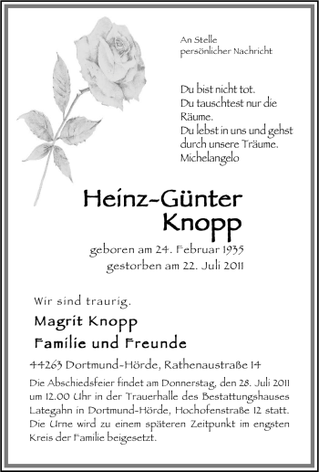 Traueranzeige von Heinz-Günter Knopp von Tageszeitung