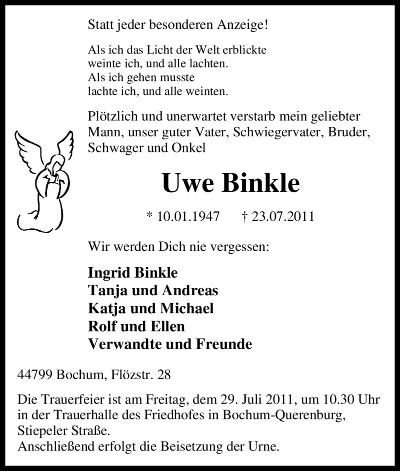  Traueranzeige für Uwe Binkle vom 26.07.2011 aus Tageszeitung