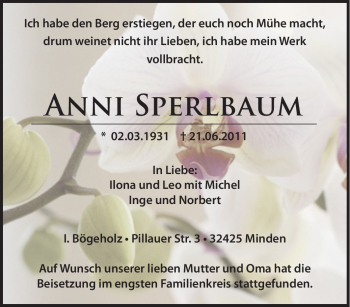 Traueranzeige von Anni Sperlbaum von Tageszeitung