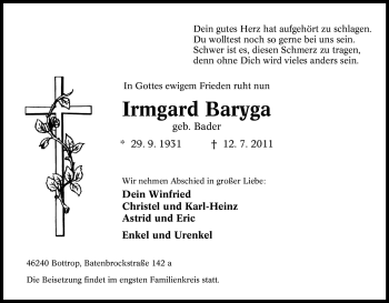 Traueranzeige von Irmgard Baryga von Tageszeitung