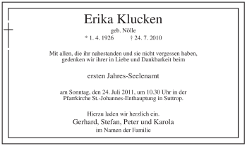 Traueranzeige von Erika Klucken von Tageszeitung