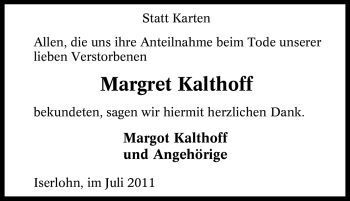 Traueranzeige von Margret Kalthoff von Tageszeitung