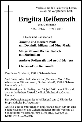 Traueranzeige von Brigitta Reifenrath von Tageszeitung