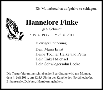Traueranzeige von Hannelore Finke von Tageszeitung
