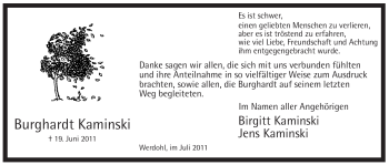Traueranzeige von Burghardt Kaminski von Tageszeitung