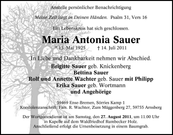 Traueranzeige von Maria Antonia Sauer von Tageszeitung
