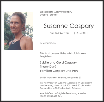 Traueranzeige von Susanne Caspary von Tageszeitung
